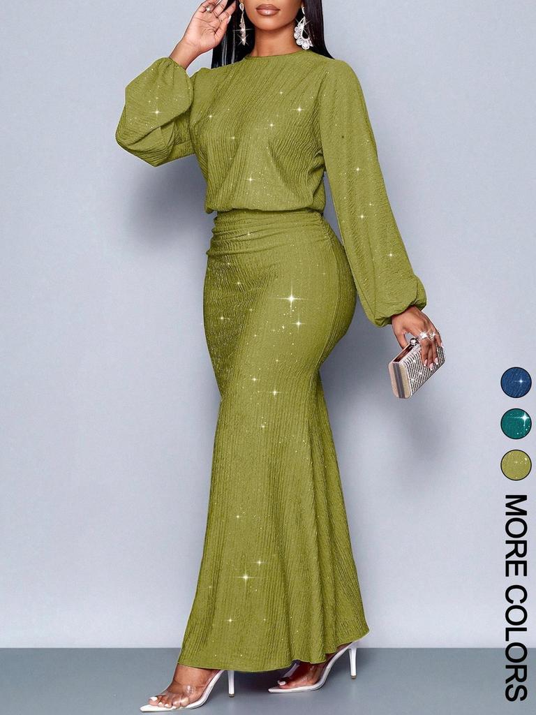 New Style Rhinestone Long Sleeve Fishtail Ruffles Pleated Dress