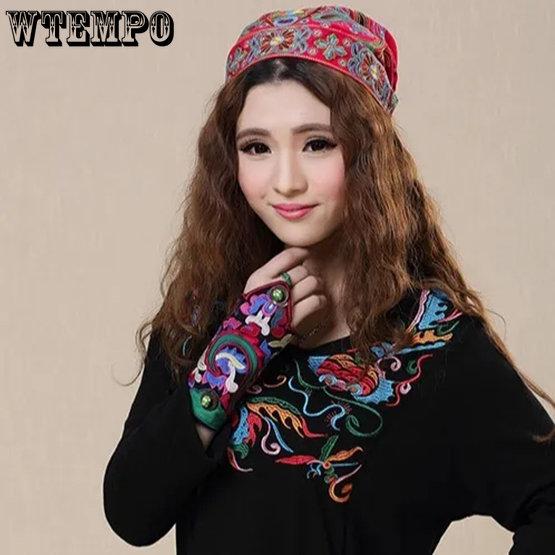 WTEMPO Women Casual Mexican Style Ethnic Vintage Embroidery Flower Black Blue Pink Red Printed Hats