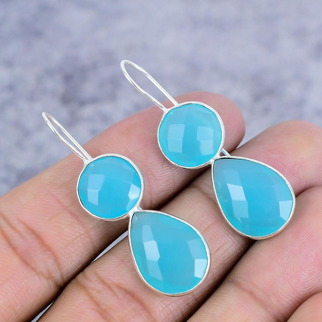 Blue Chalcedony Gemstone Handmade 925 Sterling Silver Jewelry Earring 1.77" M-2621