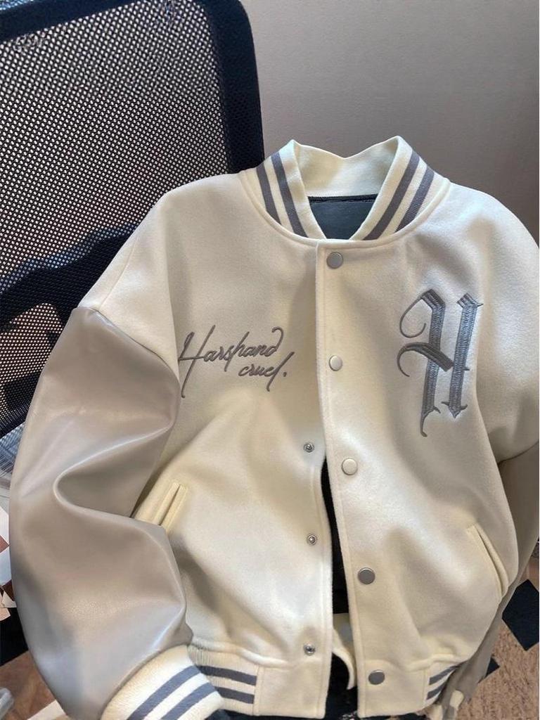 Men's Autumn/Winter Loose Fit Baseball Jacket with American Embroidery and Leather Sleeves