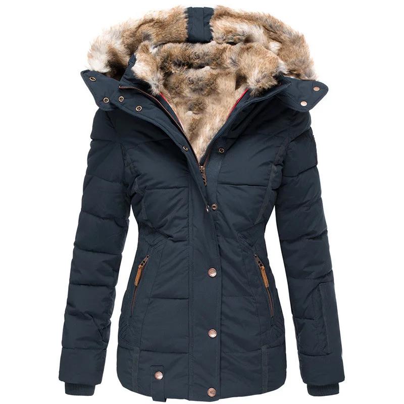 Winter Warm Fur Collar Cotton Jacket Women's Zipper Long Sleeve Slim Cotton Coat Hooded Coat