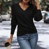 Womens V-Neck Long Sleeve Cropped Knit Sweater Solid Color Loose Fit Casual Elegant Top