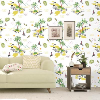 VaryFloral Wallpaper Removable Wallpaper 61cm X 3m Coconut Tree Sunset Yacht White Background Peel and Stick Wallpaper Renovation Repair Decorating