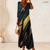 Women Plus Size V Neck Three Quarter Sleeve Geometric Printed Dark Teal Gold Long Dress