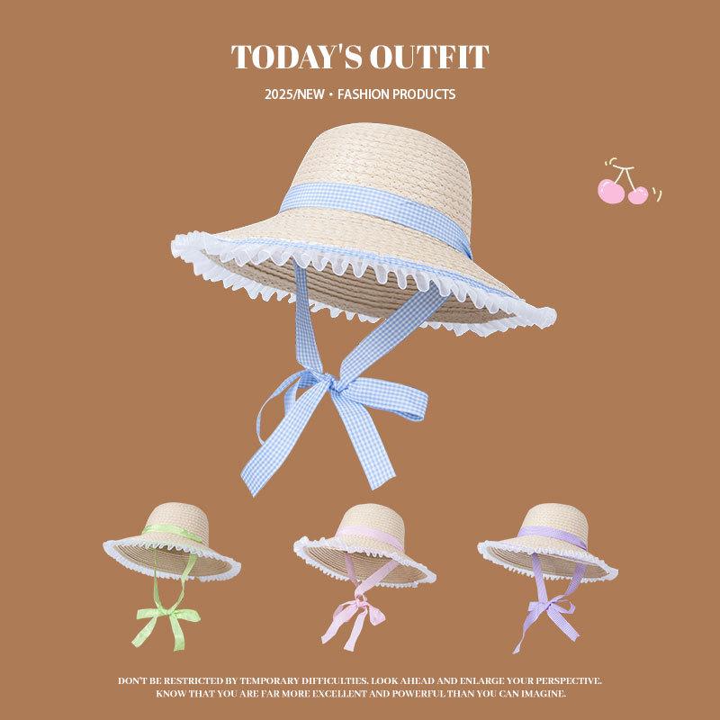 Summer Pastoral Style Lace up Straw Hat Women Korean Ins Sweet and Cute Big Brimmed Sun Straw Hat Beach Vacation Beach Hat