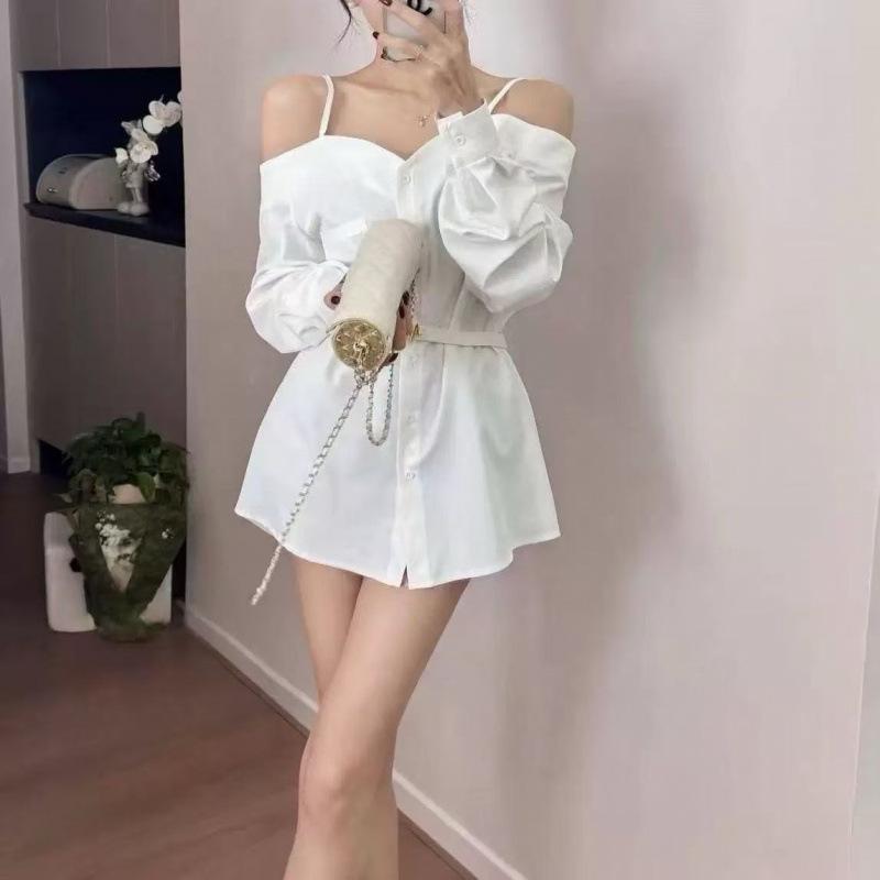 Early autumn new fashion foreign style design sense one-word shoulder short dress niche personality plaid shirt short skirt