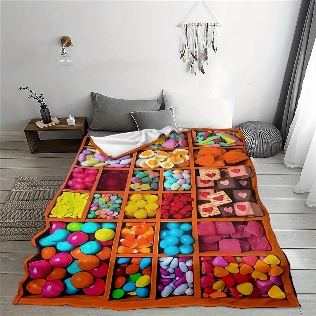 1Pc Cozy Candy Digital Print Throw Blanket - Contemporary Style, Soft Warm All-Season Knitted Polyester, Geometric Pattern, Idea