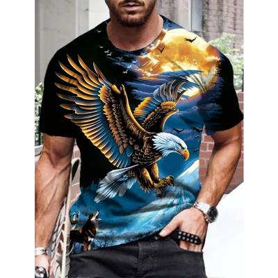 Męska koszulka z grafiką orła 3D - Krótki rękaw, Okrągły dekolt, Mieszanka poliestru, Żywy wzór orła i wilka, Casualowy streetwear na lato