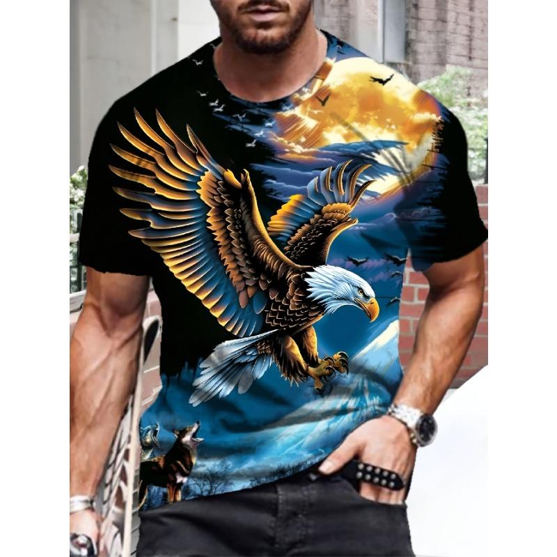 

Men s 3D Eagle Graphic T-Shirt - Short Sleeve,Round Neck,Polyester Blend,Vibrant Eagle Wolf Design,Casual Streetwear for Summer XXS
