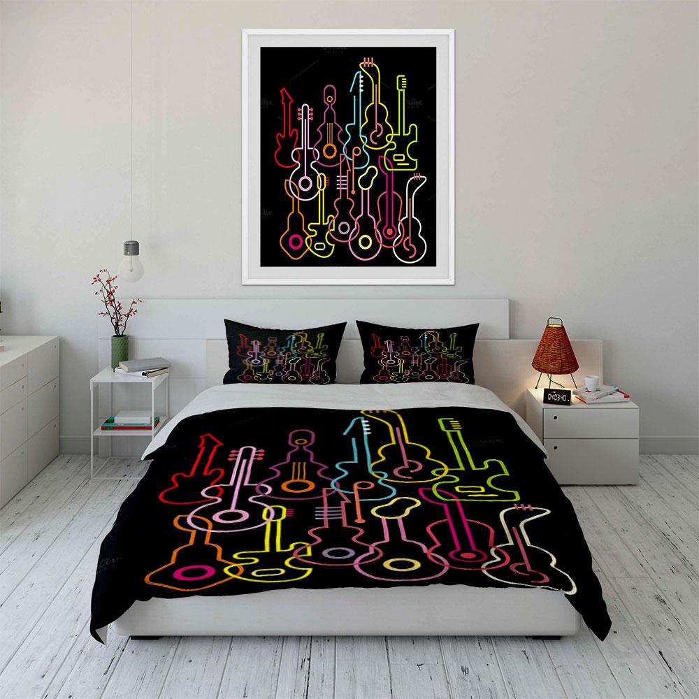 Colorful Neon Guitar Silhouettes. Bedding Sets Duvet Cover Sets Duvet Covers Pillowcases(1 * Duvet Cover 2 * Pillowcases Without Duvet Insert)