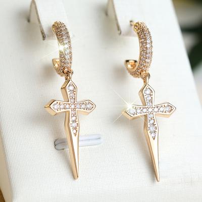 Luxury Gold Color Cross-shaped Earrings for Women White Zircon Fashion Hip Hop Style Jewelry Gift