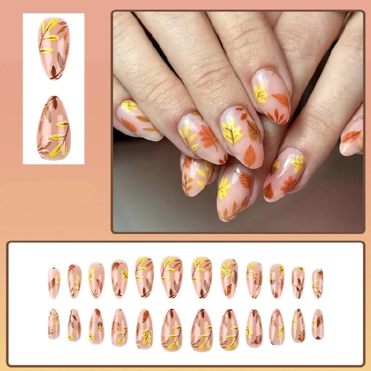 24Pcs Maple Leaf Desings Halloween Stick on Nail Thanksgiving Gift Almond False Nails for a Festive Autumn Nail Makeover