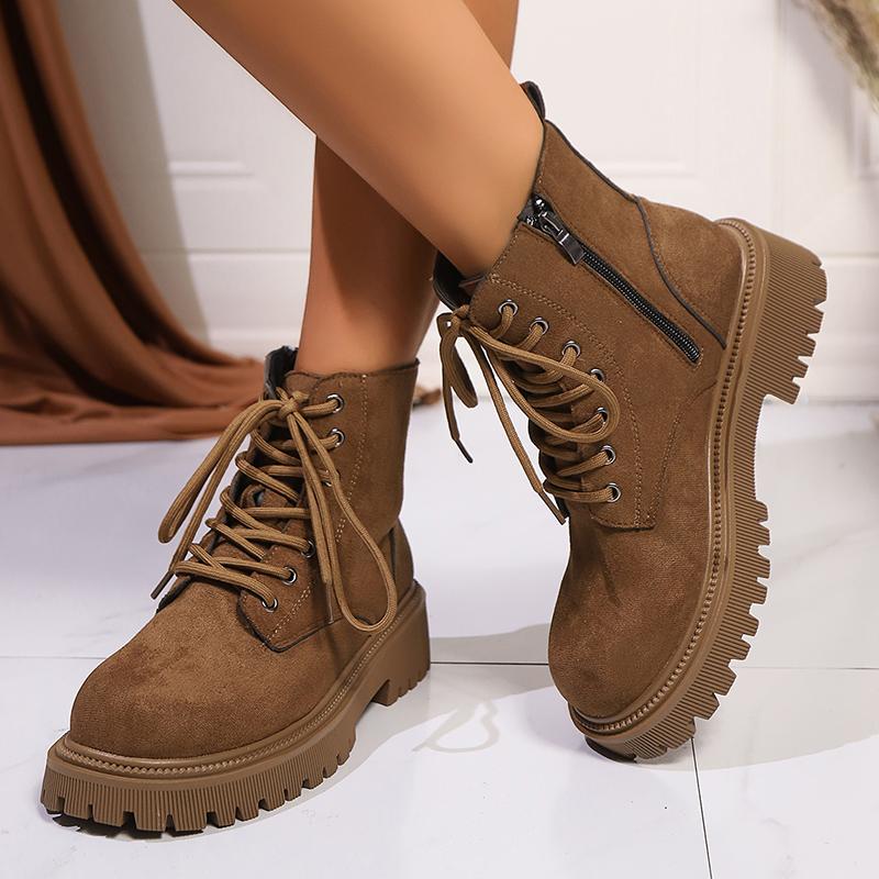 Dark Borwn Platform Ankle Boots for Women Side Zipper Thick Bottom Motorcycle Shoes Woman Punk Style Lace Up Fashion Boots Mujer