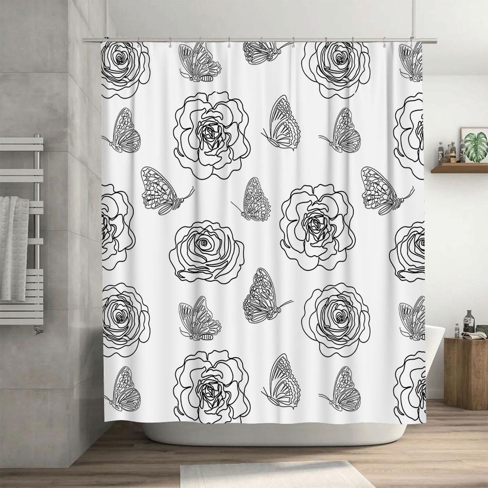 White Flower Butterfly Print Shower Curtain Waterproof Bathroom Decoration Home Decorations for Bathrooms White 120x72in (304*18