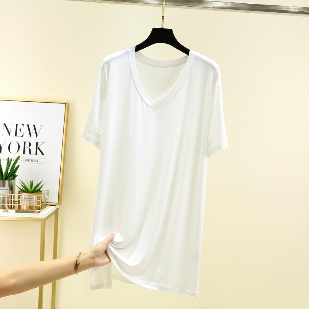 Damen V-Ausschnitt Kurzarm T-Shirt Lockerer Schnitt Lässiges Modal Strickoberteil Einfarbig Sommer Mittellanges Layering-Shirt