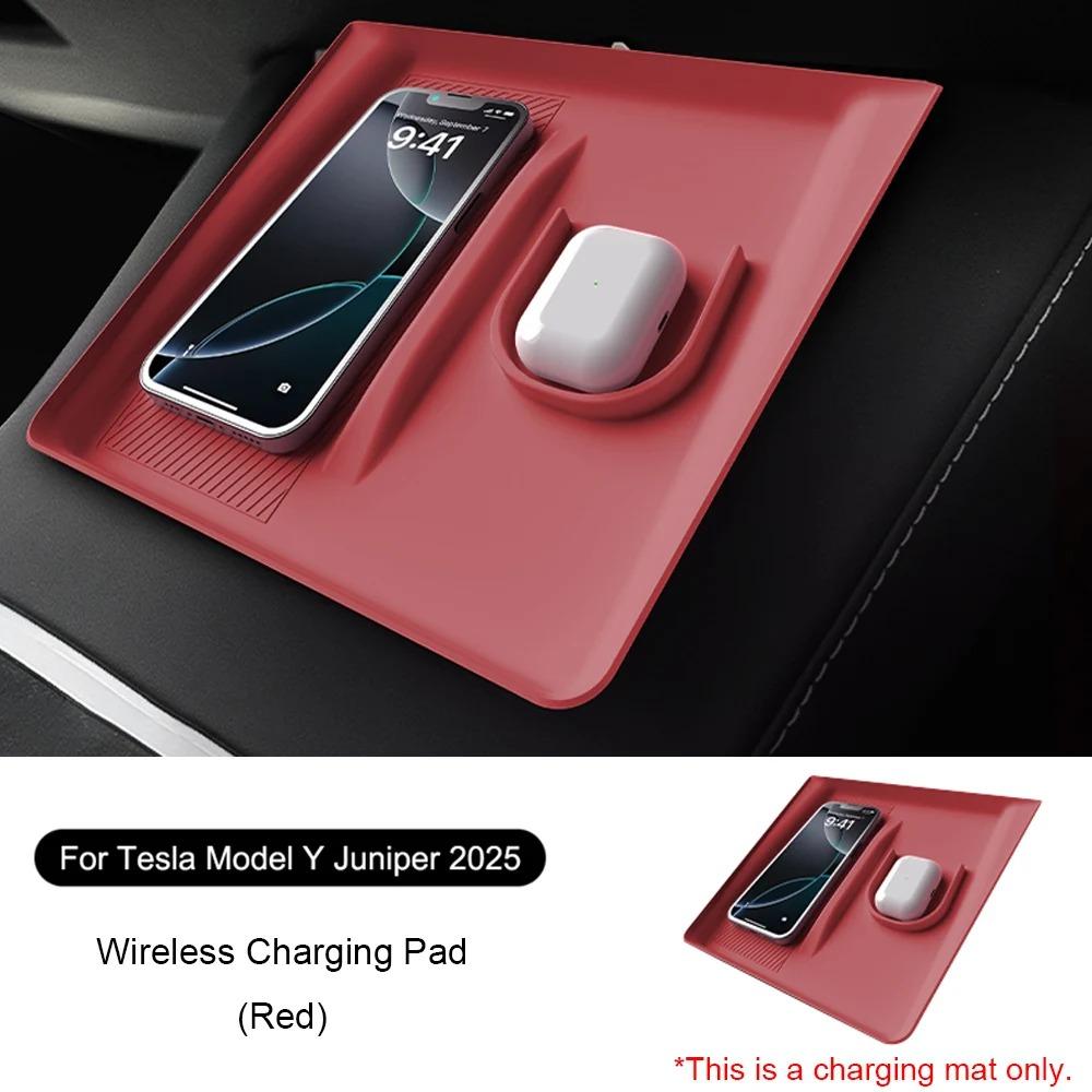 Car Wireless Charging 2-in-1 Silicone Pad for Tesla Model Y Juniper 2025 Anti-skid Accessories for Mobile Phone and Earphones
