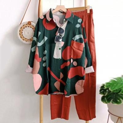 2 Pcs/Set Women Shirt Pants Set Colorful Print Lapel Long Sleeve Single-breasted Blouse Wide Leg Loose Elastic Waist Trousers Set Lady Casual