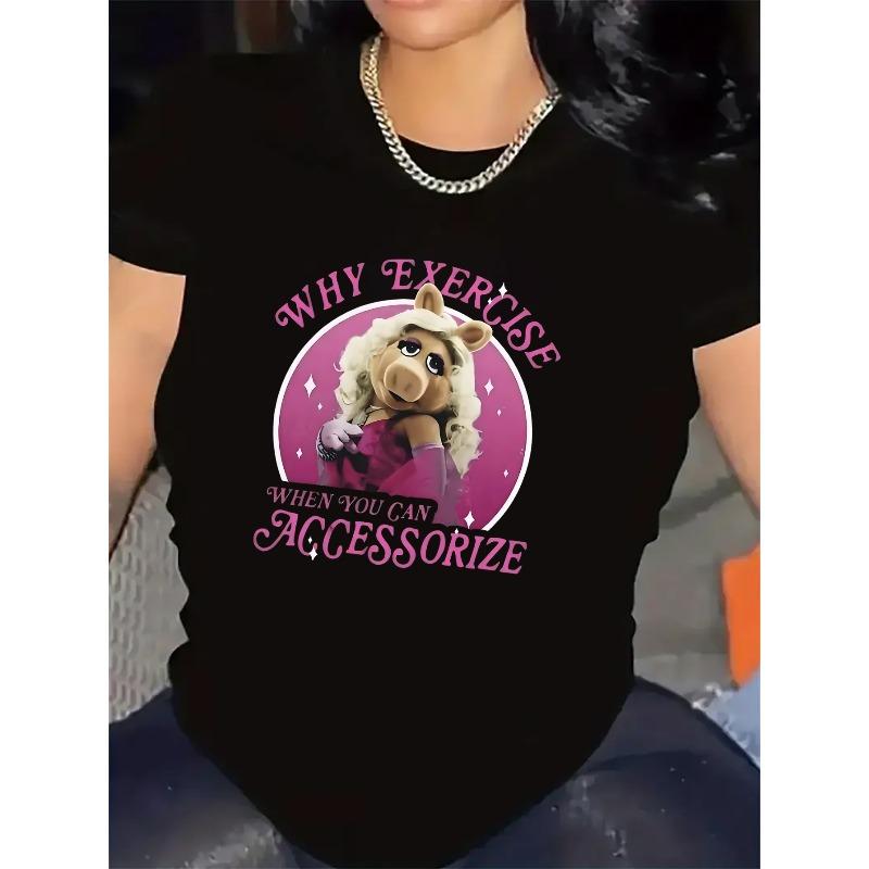 

Miss Piggy Graphic T-Shirt Pink Accent Print Crew Neck Short Sleeve Casual Fan Top 4XL чорний
