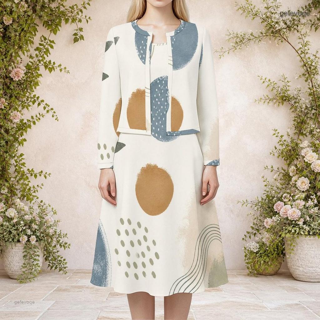 Women Plus Size Printed Round Neck Long Sleeve Cardigan Sleeveless Long Dress Two Piece Set