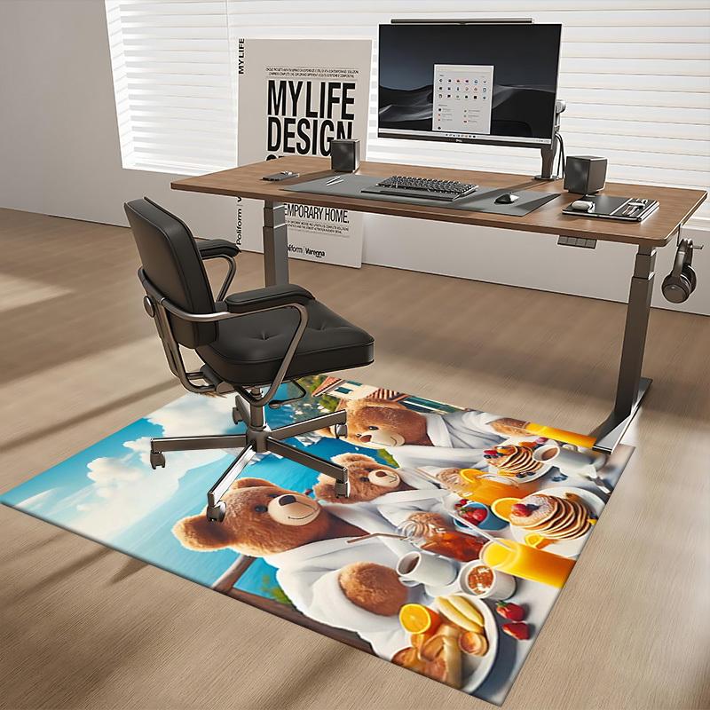 1pc Teddy Bear Breakfast Scene Chair Mat - Anime Cartoon Design Office Chair Pad with Fruit Pancakes and Ocean View for Home Decor, Suitable for All S