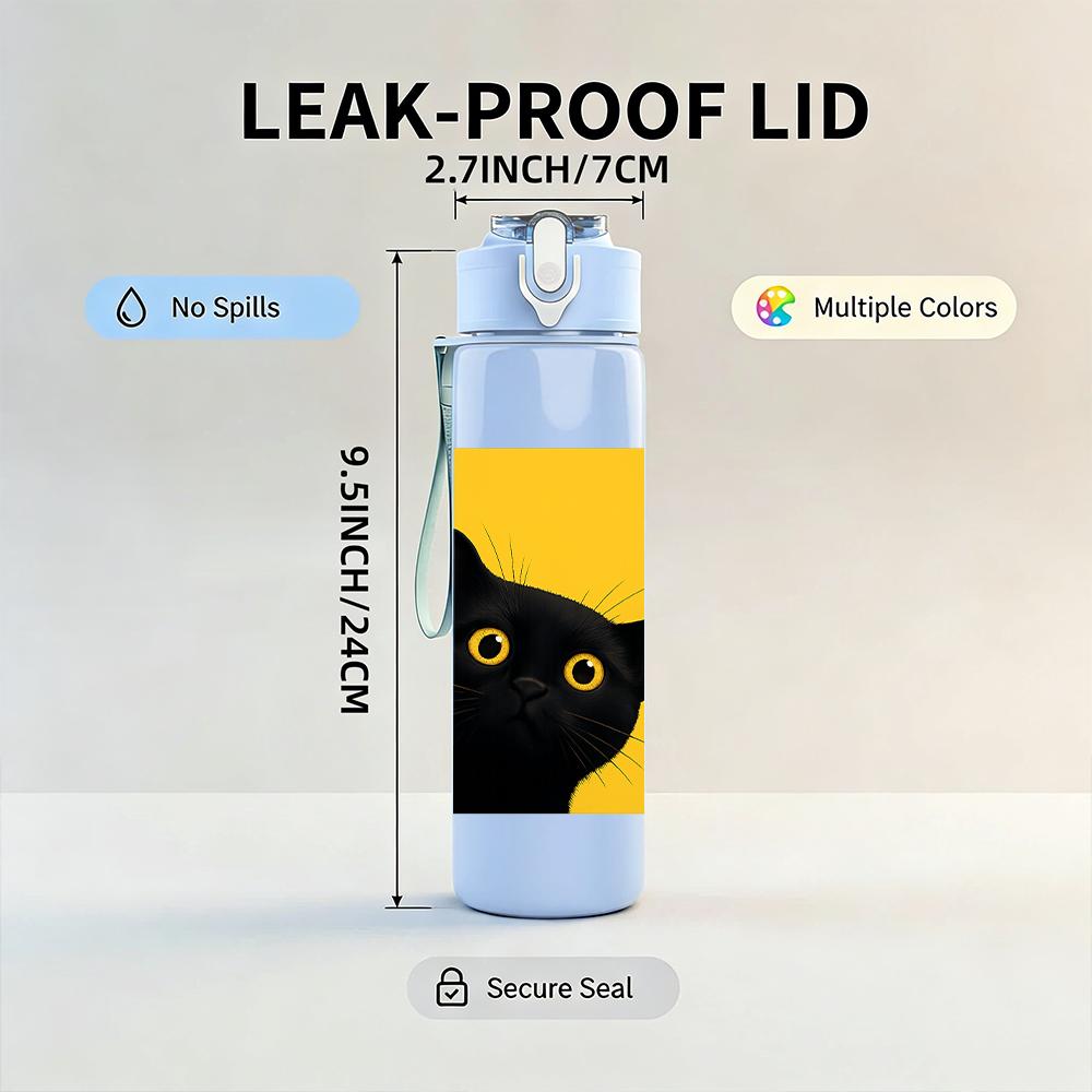 1PC Yellow Background Black Cat 750ml Color Plastic Sports Water Bottle Leakproof Flip Straw Lid For Sports Office Home Use