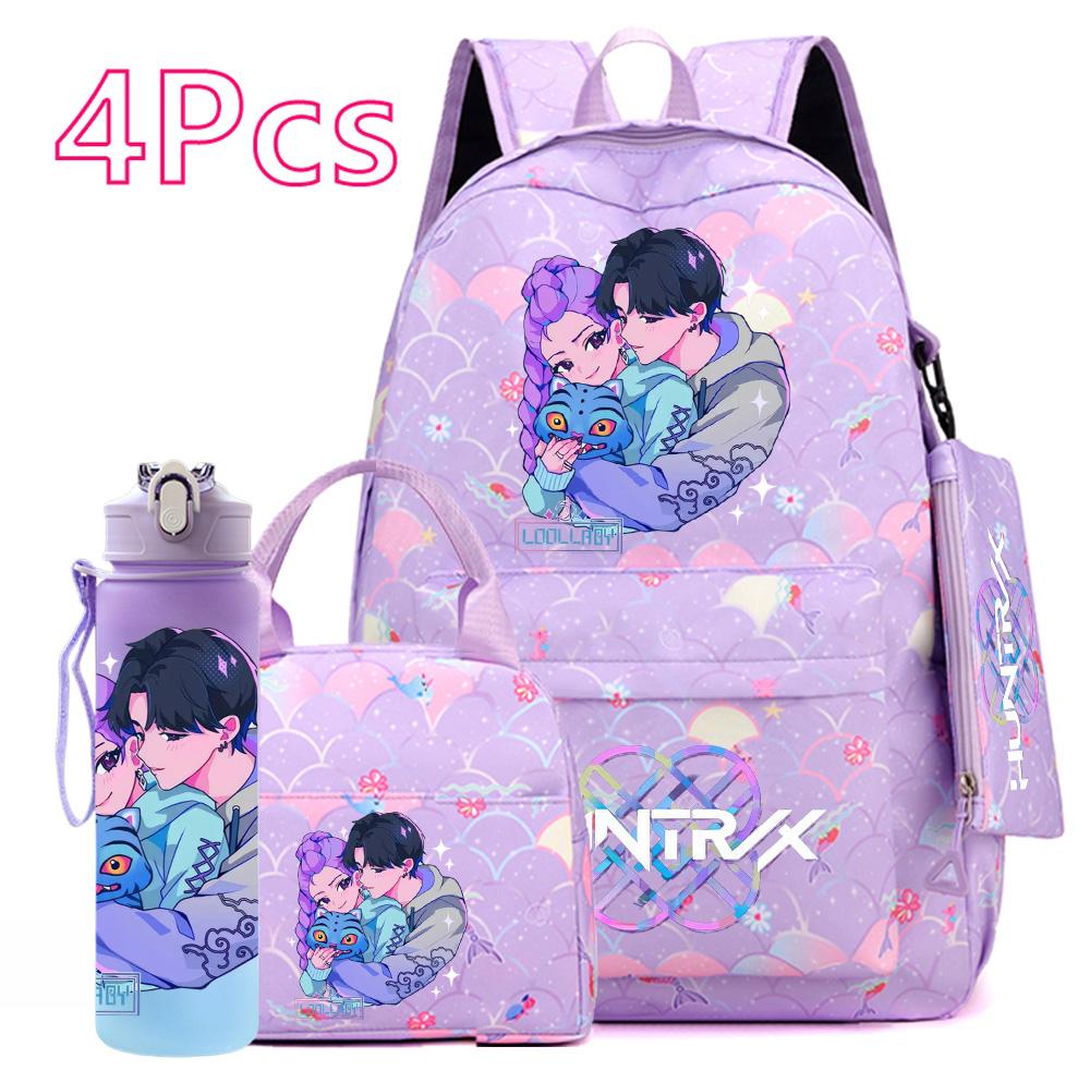 4Pcs/set Anime Cute Printed Backpack Large Capacity Bookbag HandBag Case Bag with 750ml Water Bottler Boy Girl SchoolBag Waterproof Mochila