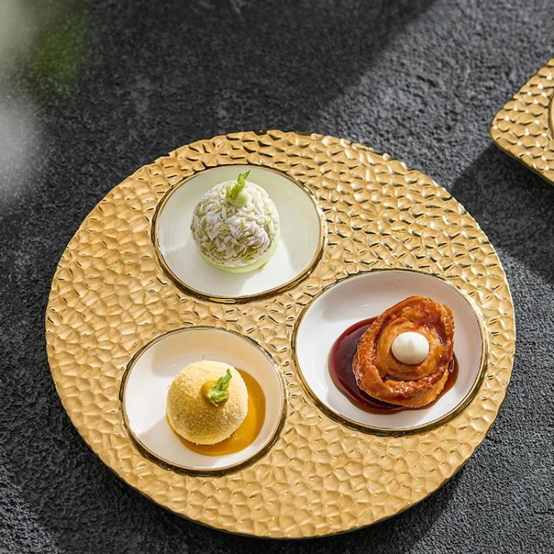 Creative Phnom Penh Ceramic Lattice Western Food Plate Household New Hotel Restaurant Wood Grain Dessert Plate Tableware