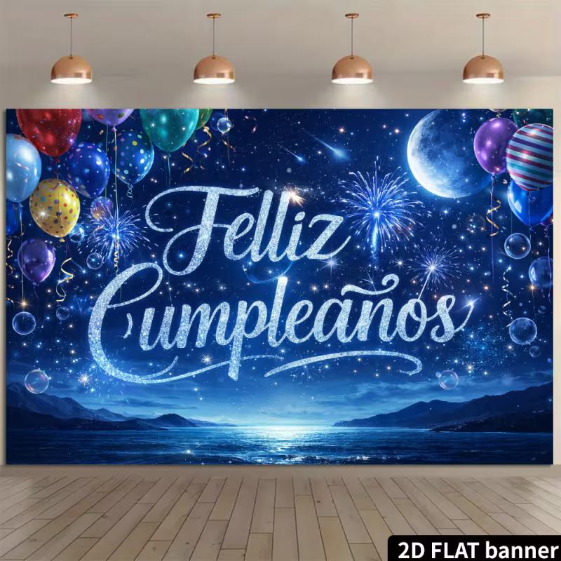 2D Happy Birthday Blue Banner, Party Decoration with Balloons and Fireworks