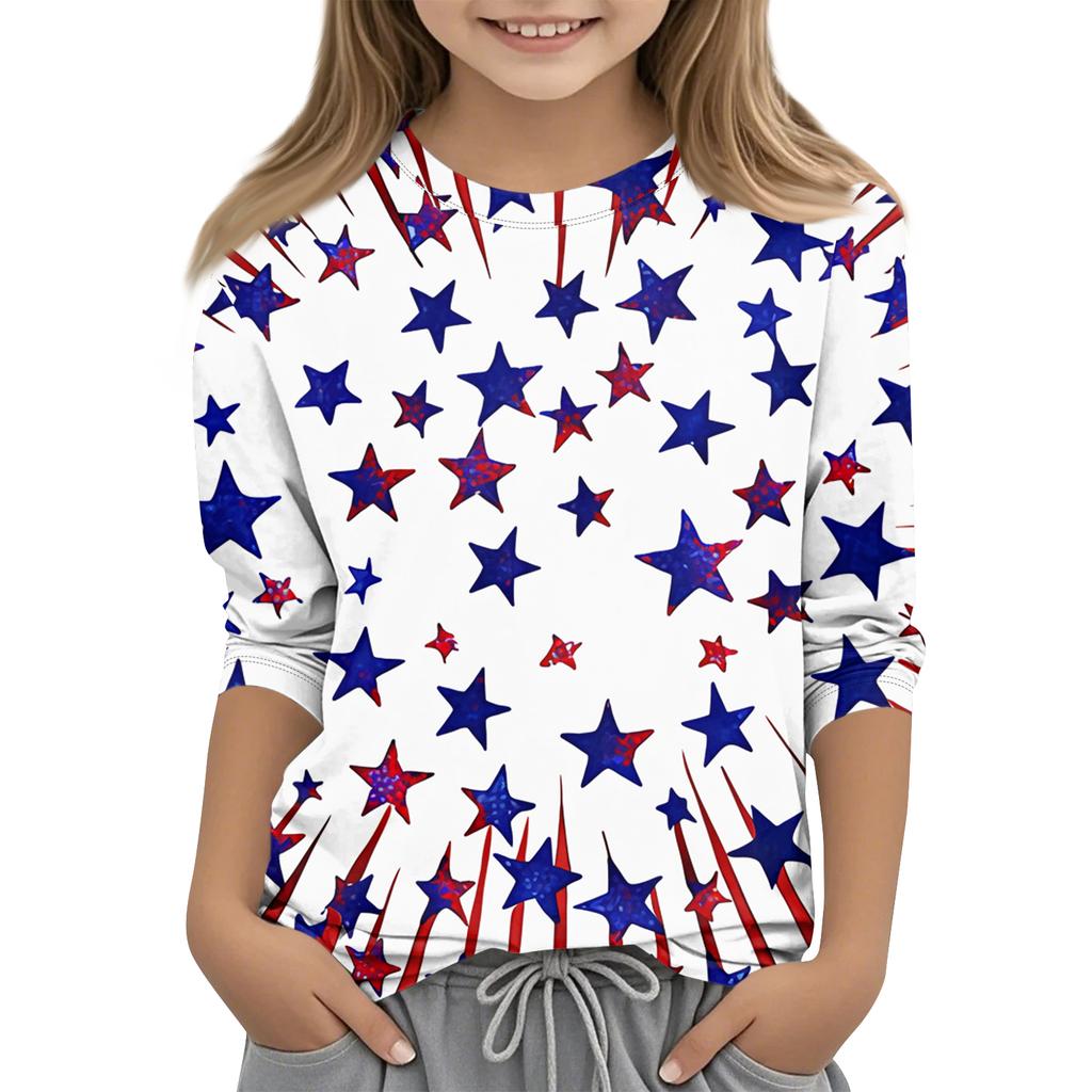Print Tops For Youth Girls Round Neck 3/4 Sleeves T-Shirts Trendy Tops Outfit Tees Independence Day
