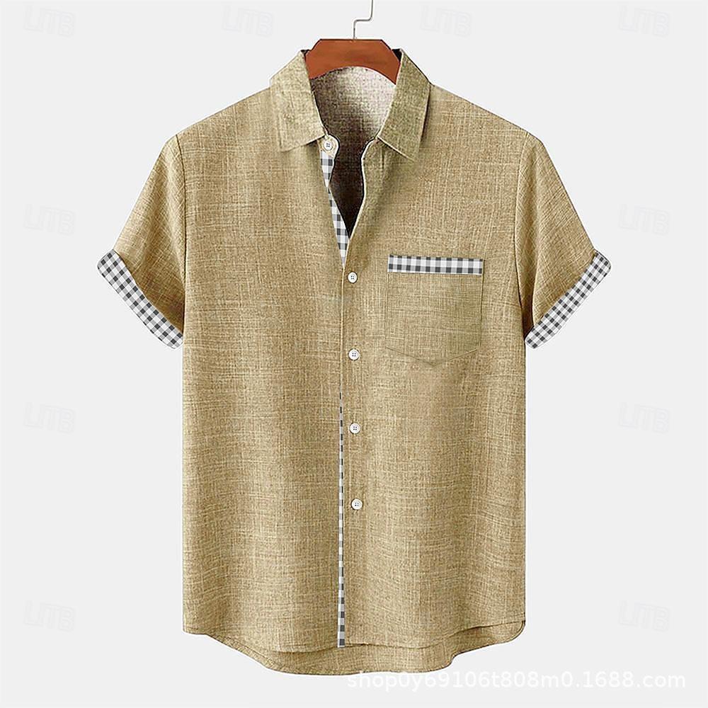 Men's Linen Shirt Hawaii Casual Vacation Men's Short Sleeved Lapel Pocket Shirt Men's Linen Top