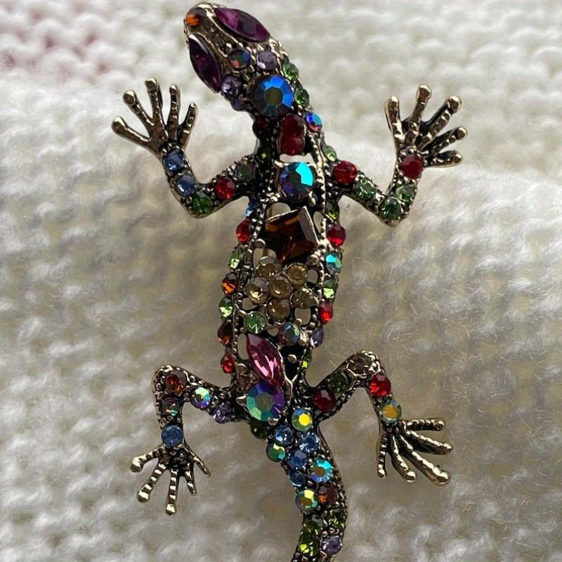 Colored Crystal Stone Lizard Brooch Bright Flowers Gemstone Chameleon Anole Pin Coat Suit Corsage