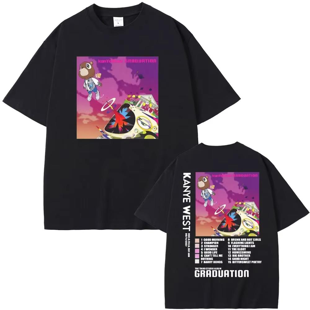 Rapper Kanye Graduation Bear Double Sided Print T Shirt Unisex Unisex West Fashion Hip Hop Oversized Tshirt Unisexs Cotton Tshirts