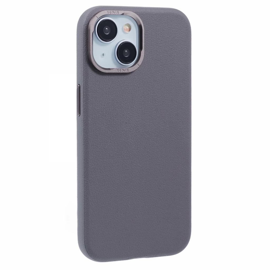 For iPhone 15 Case Leather+PC Anti-Scratch Phone Case Metal Lens Frame