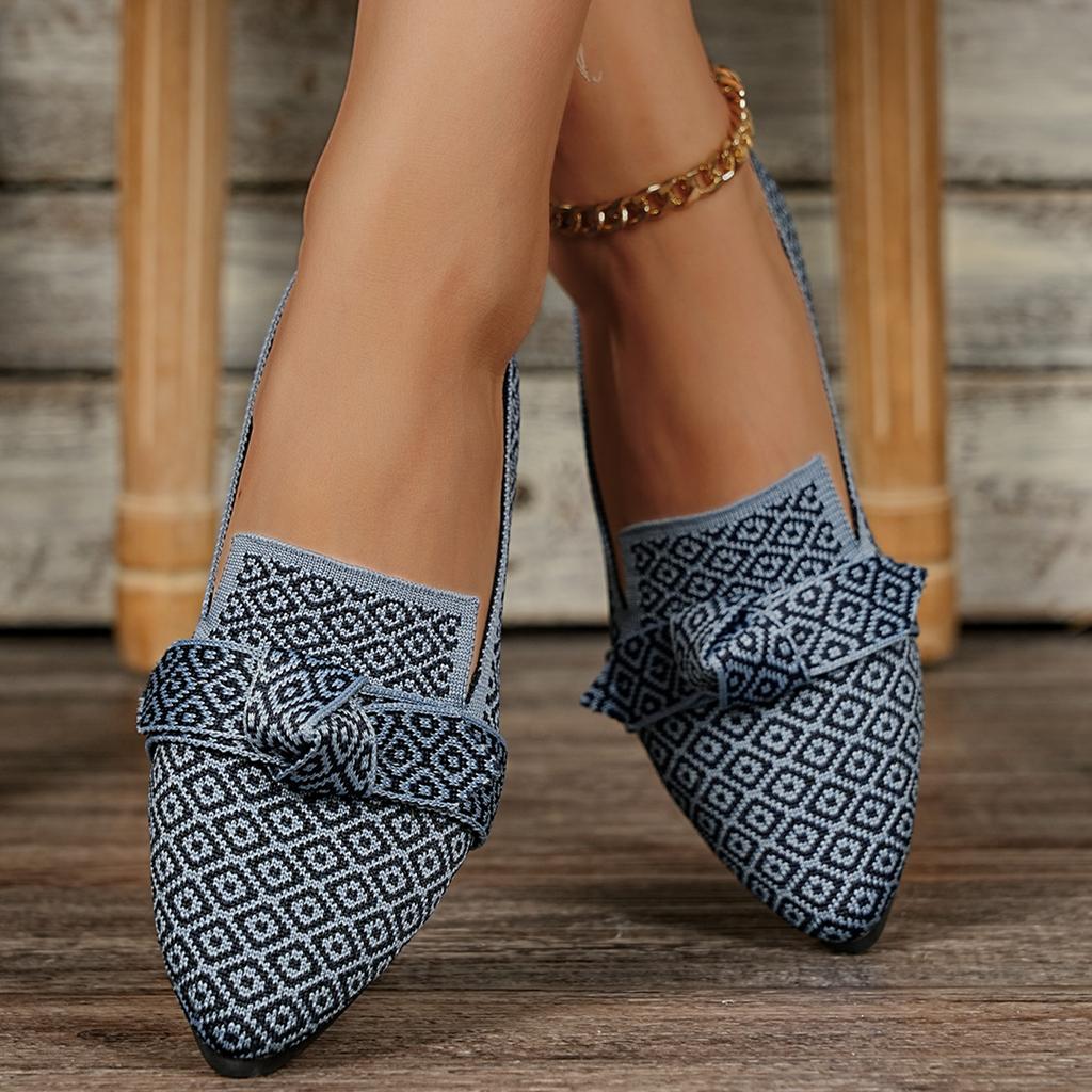 Fashion Women Flats Spring Large Size Walking Sneakers Women Pointed Toe Low-top Bow Loafers Fashion Printed Knitted Flat Shoes Women
