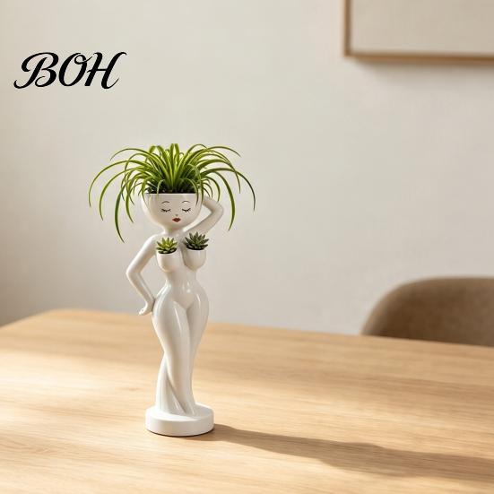 Layered Green Plant Landscape Pot Funny Female Figure Planter with Drainage Holes, Elegant Lady Flower for Small Windowsill Succulents, Lazy