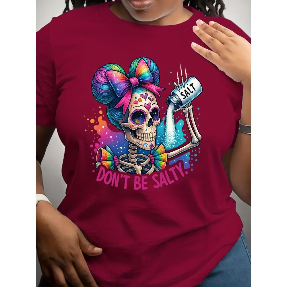 Women Cotton Short Sleeves T-shirts Don't Be Salty Women's Tee Colorful Sugar Skull Graphic Casual White Top