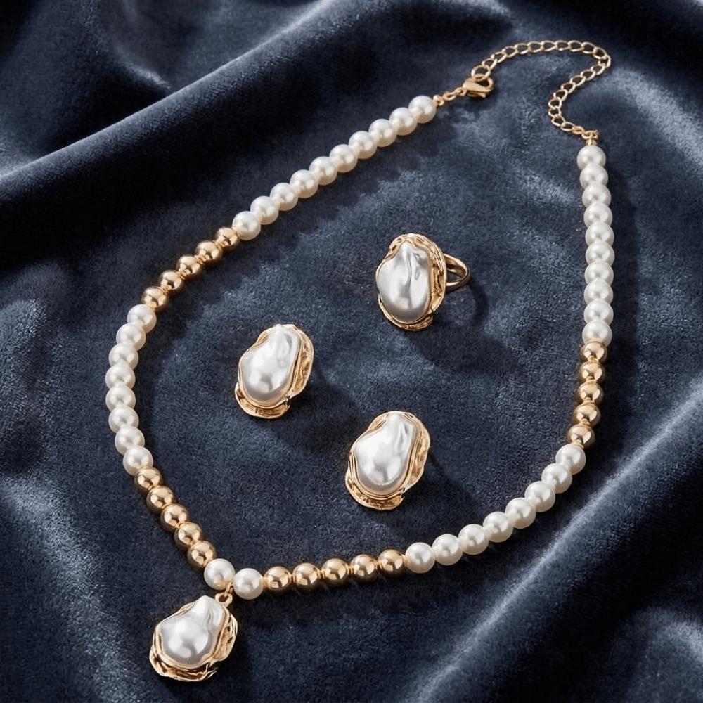 Elegant Style Artificial Pearl Jewelry Set Irregular Design Earrings Necklace Ring Set Women