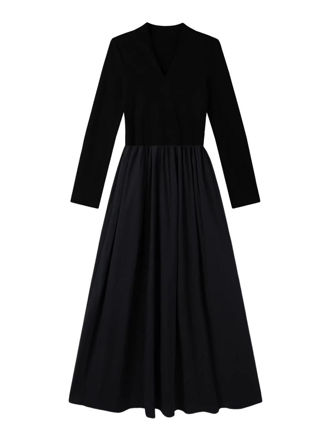 Hepburn-Style Black Long Sleeve V-Neck Dress for Autumn/Winter 2025 L