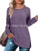 Women's Crew Neck Long Sleeve Tunic Top Ribbed Knit Raglan Sleeve Button Decor Split Hem Casual Pullover Shirt