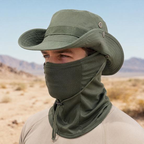 Camouflage Sonnenhut mit Sturmhaube Gesichtsmaske, UV-Schutz Herren Hut mit breiter Krempe, Atmungsaktiver Fischerhut für Outdoor Angeln Wandern Radfahren