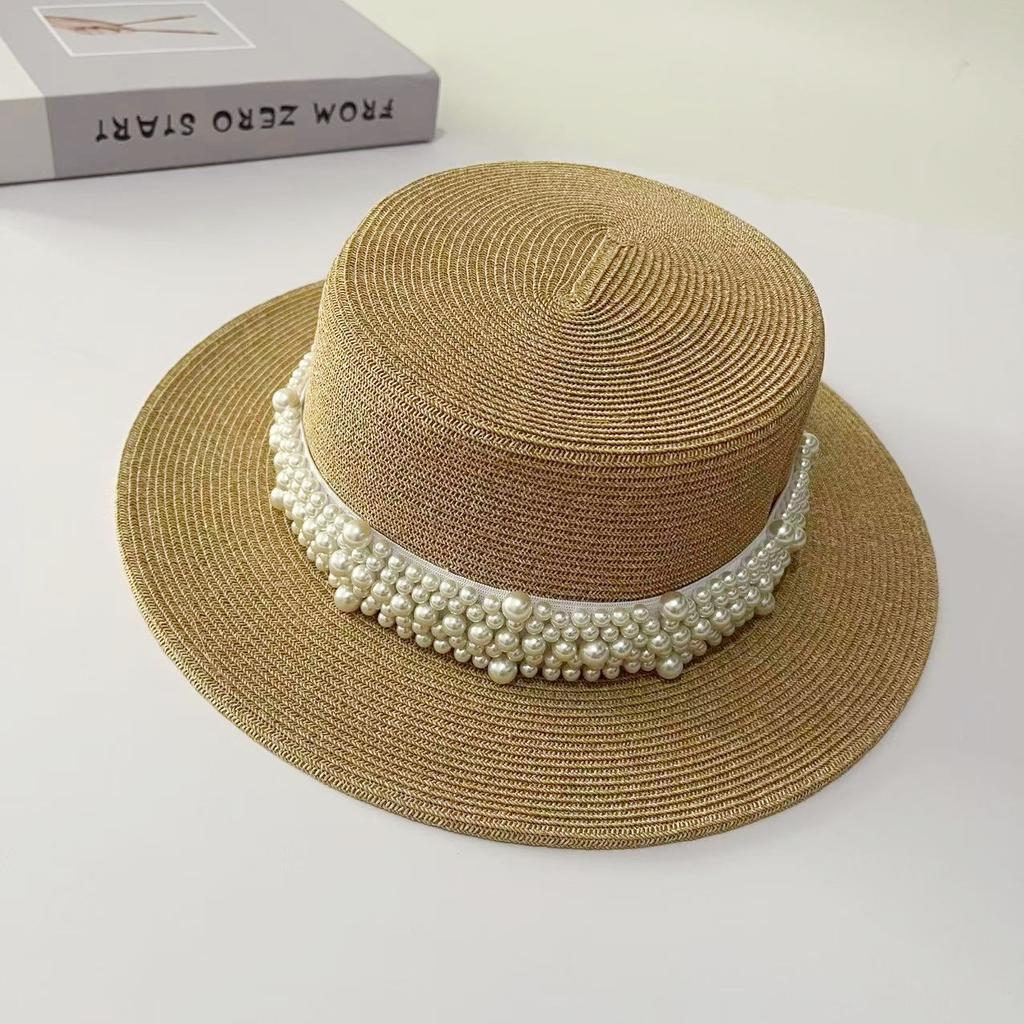 Bohemian Flat Top Straw Hat Women's Summer Outing Beach Hat Retro Webbing Face Small Sunshade Hat