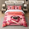 Set de așternut cu tematică Pug, cu text sau nume personalizat, 3 piese: 1 cearșaf plat și 2 fețe de pernă, Așternut de casă personalizat