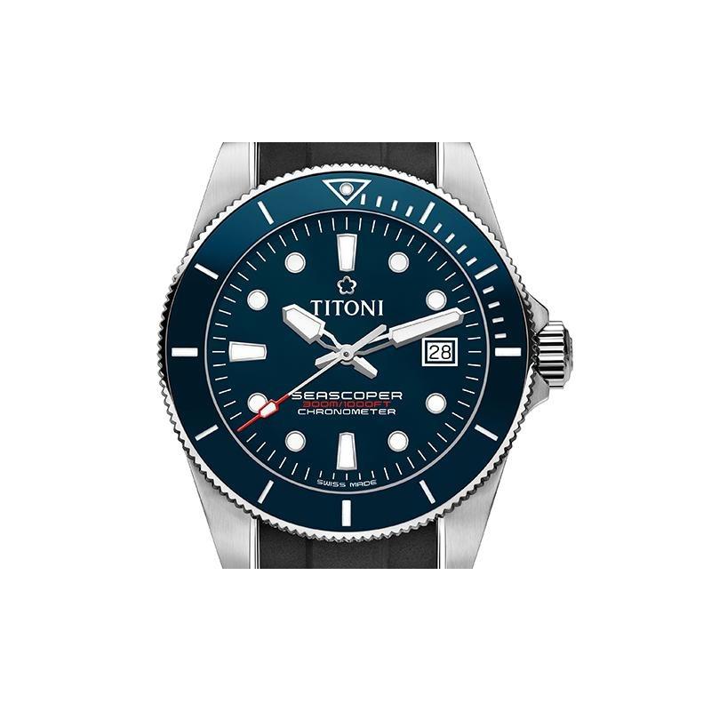 Titoni Pruimenbloesem oceaanverkenning serie mechanisch uurwerk 300 meter horloge 42 mm blauwe wijzerplaat roestvrijstalen kast siliconen band 83300 S-BE-R-705