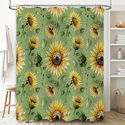 Sunflower Printed Shower Curtain Green Background with Yellow Flowers for Bathroom Decor Customizable