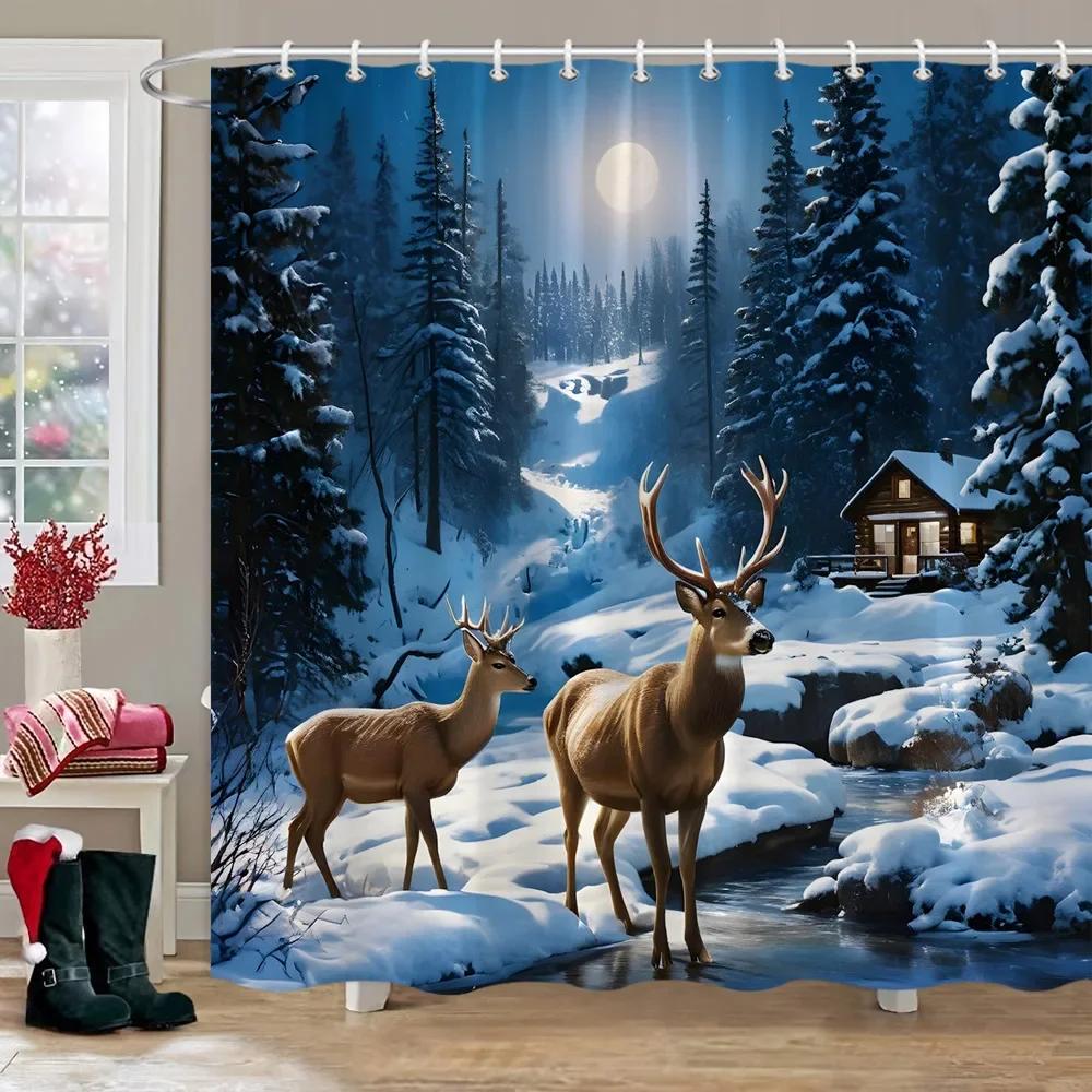 Winter Snow Forest Deer Shower Curtain Christmas Nature Landscape Christmas Gift Polyester Fabric Shower Curtains Bathroom Dec