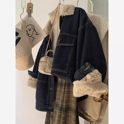 Thick Velvet Denim Jacket Cotton Coat Women's Autumn and Winter New Hong Kong Style Retro Lamb Wool Jacket Top