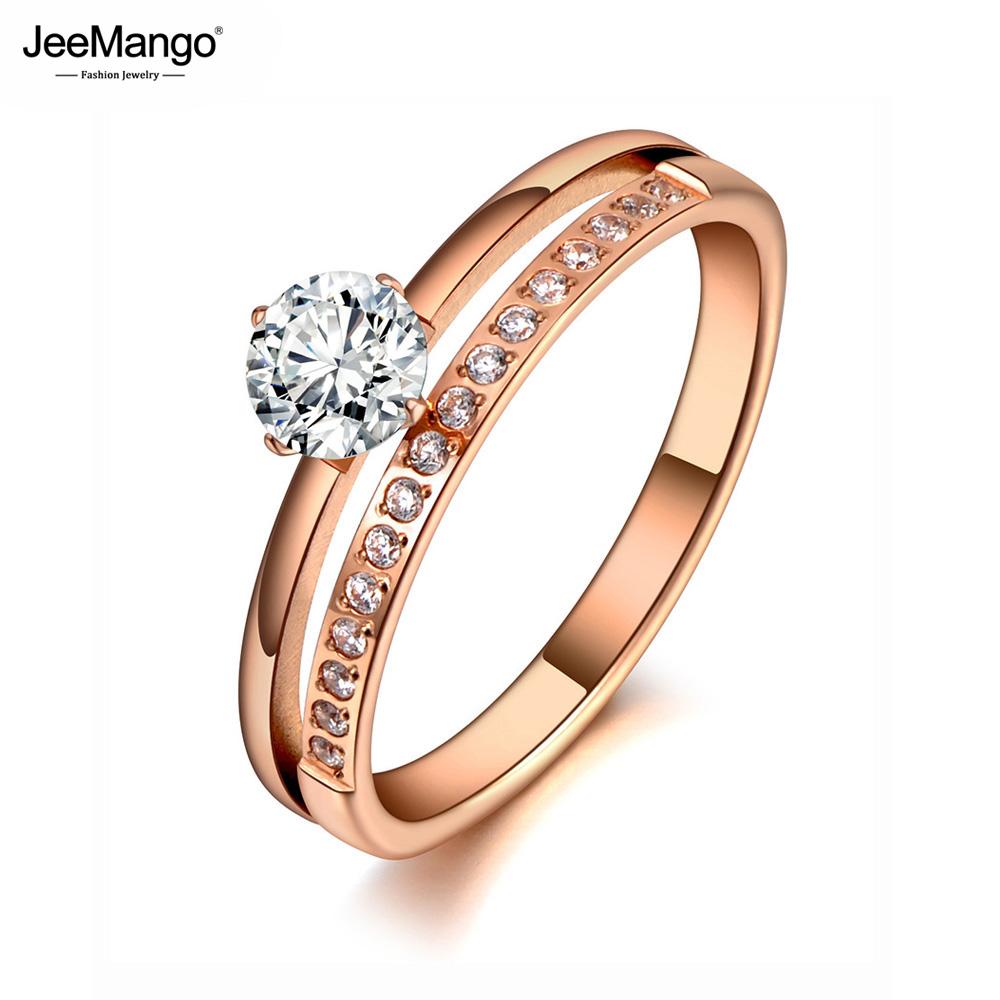 JeeMango Sparkling Design Titanium Stainless Steel Wedding Ring Rose Gold Color Mosaic CZ Crystal Party Ring For Women R19155