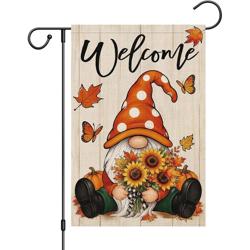 Gnome Fall Garden Flag Double-Sided Sunflower Welcome Autumn Yard Flag for Fall Thanksgiving Outdoor Decoration