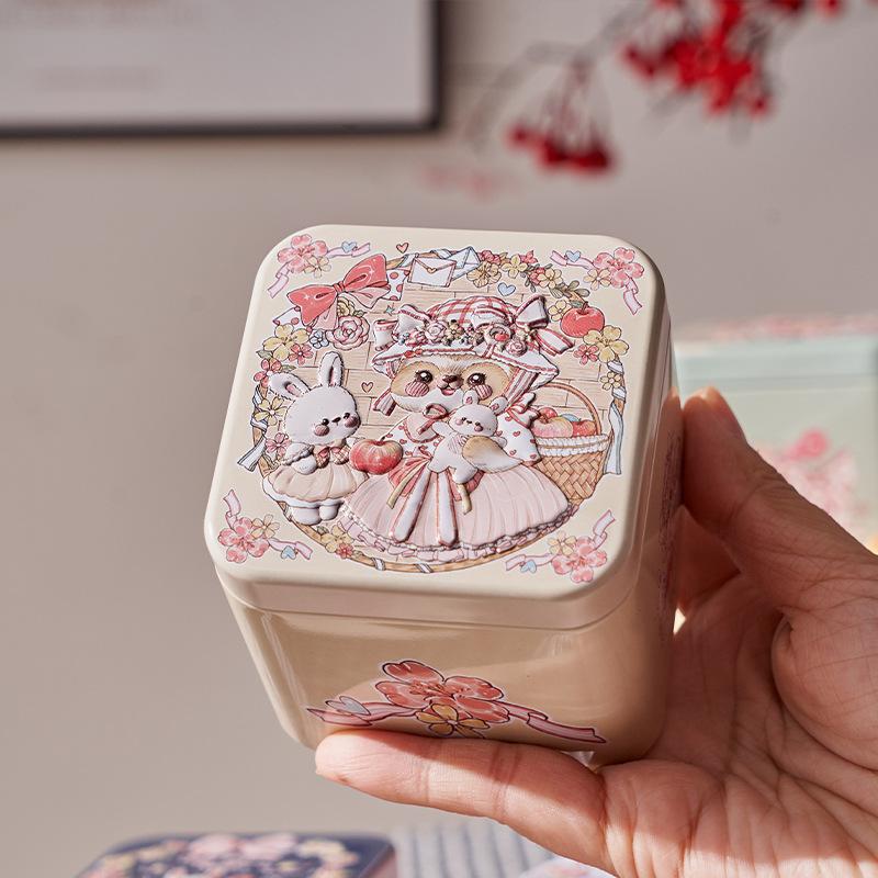 1pc Square Rabbit Pattern Relief Tin Box Tinplate Storage Jar Candy Biscuit Tea Container Reusable Sealed Home Kitchen Gift Box