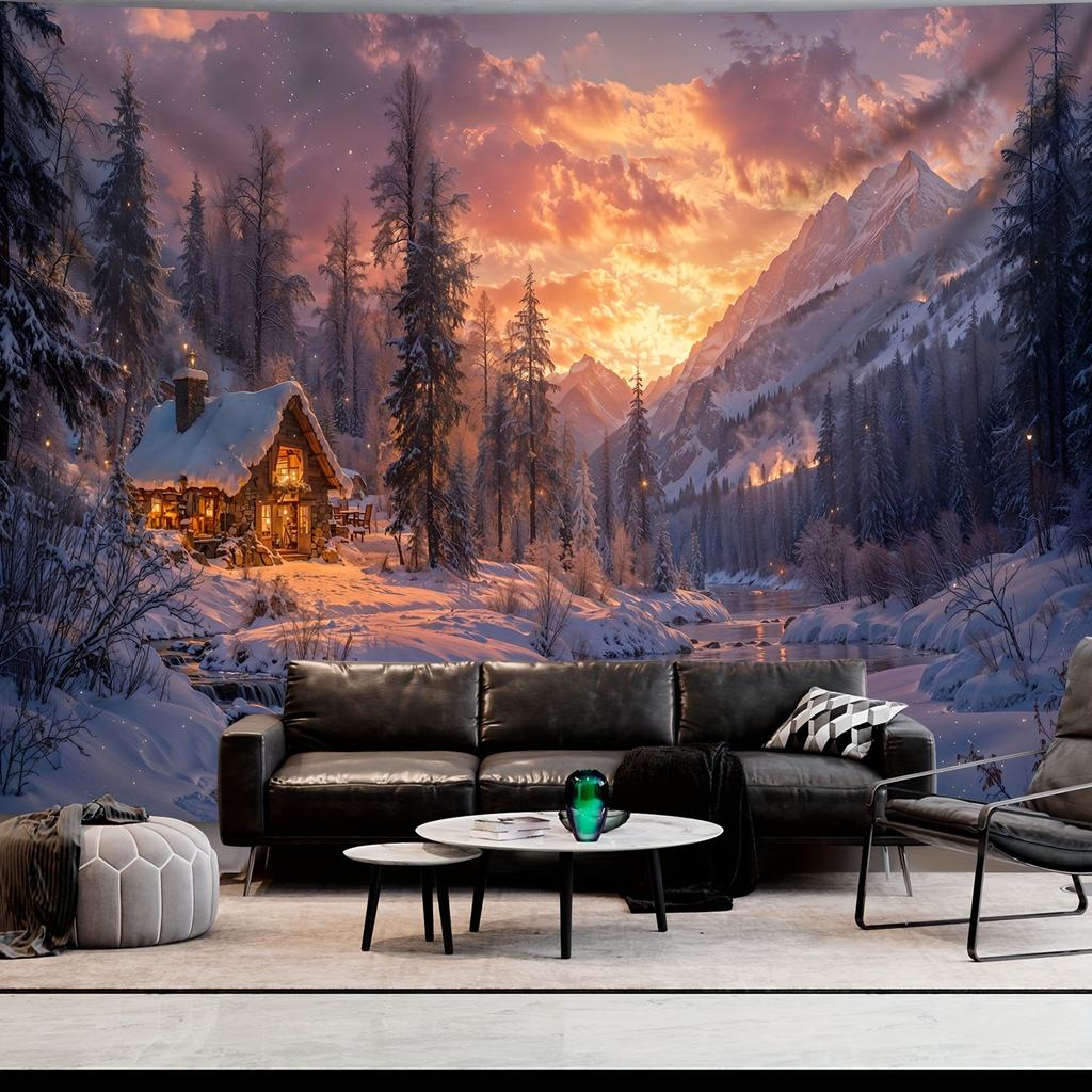 Enchanting Winter Wonderland Wall Tapestry For Living Room Decor, Featuring A Cozy Snow-Covered Cottage Nestled